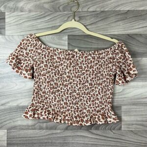 Pie In The Sky Womens Crop Top Red Floral Short Sleeve Off Shoulder Smocked‎ M